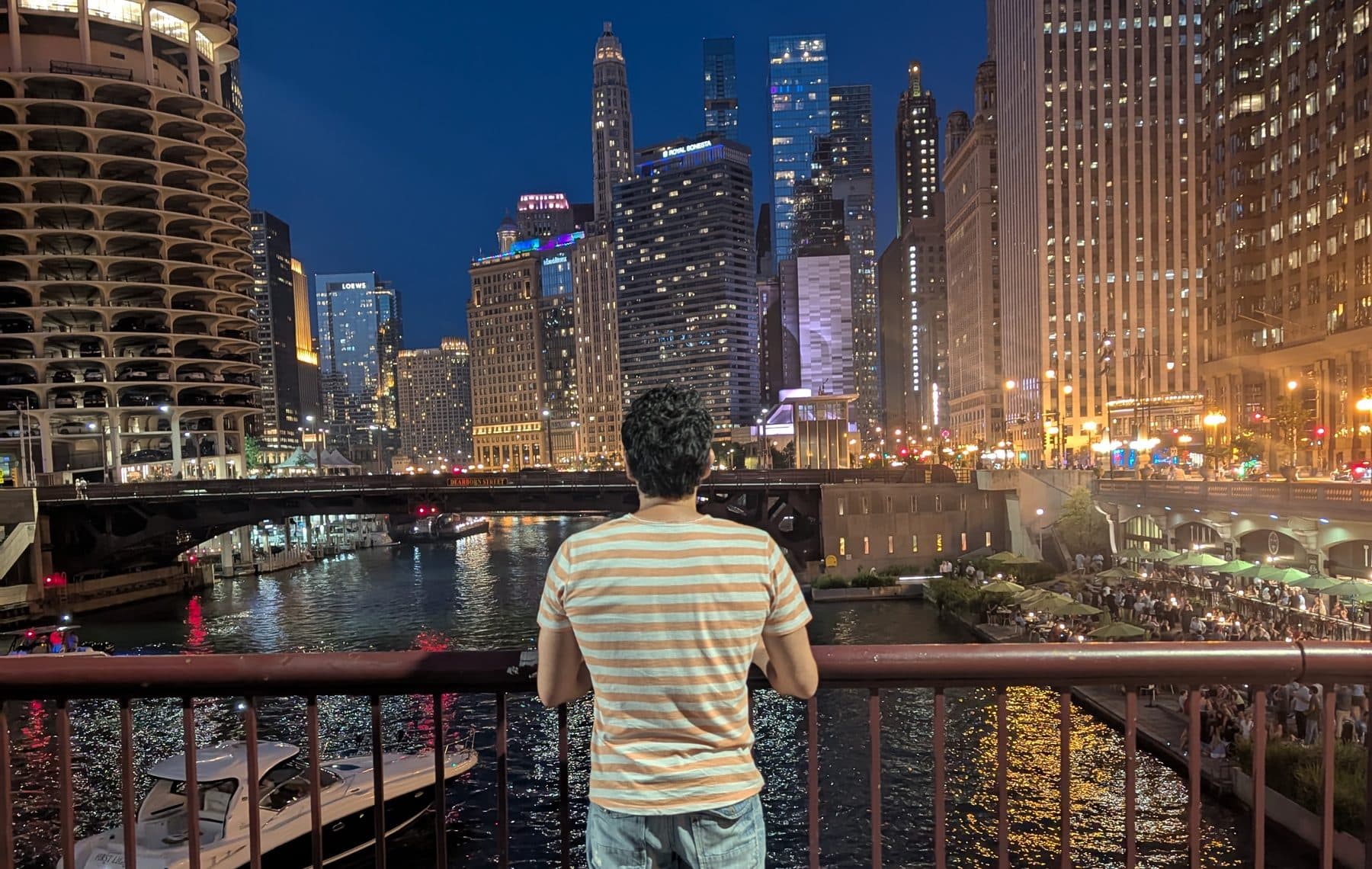Looking at the Loop from the railing of the State Street bridge at dusk, with Marina City on the left.